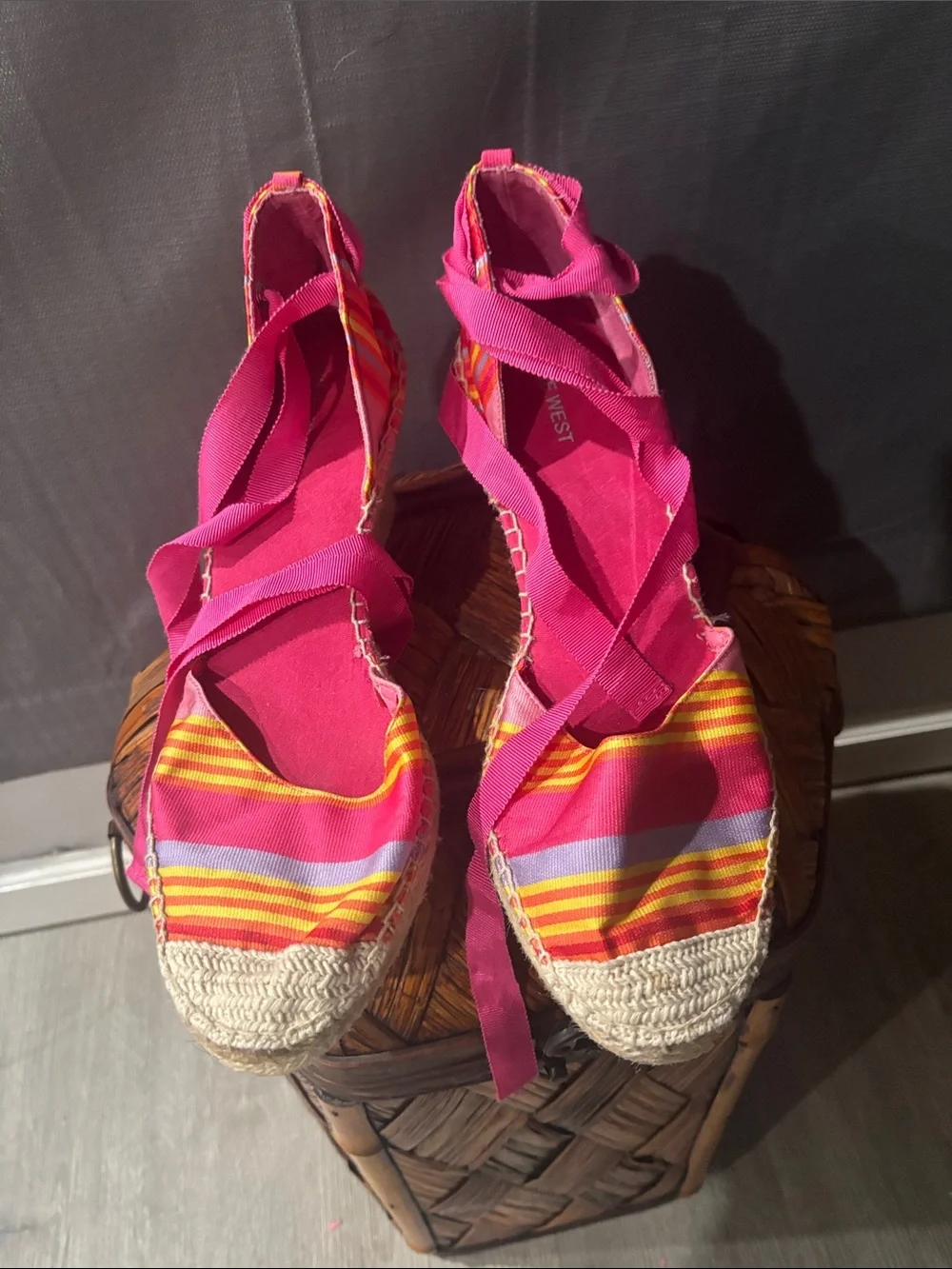 Nine West Pink Multicolor Striped Espadrille Lace-Up Flats